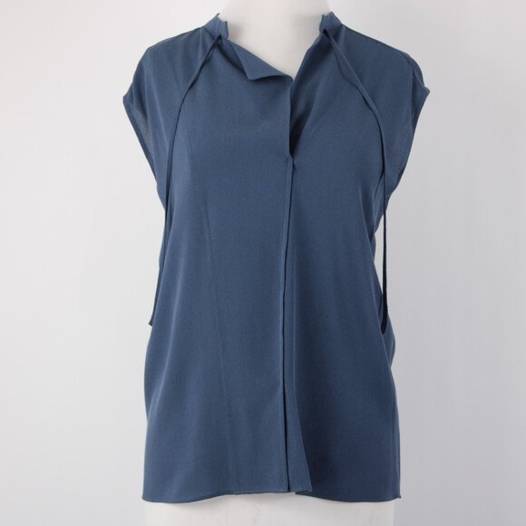 Vince Top Sz M Blue Collared V Neck Unlined 100% Silk Top - Picture 2 of 13